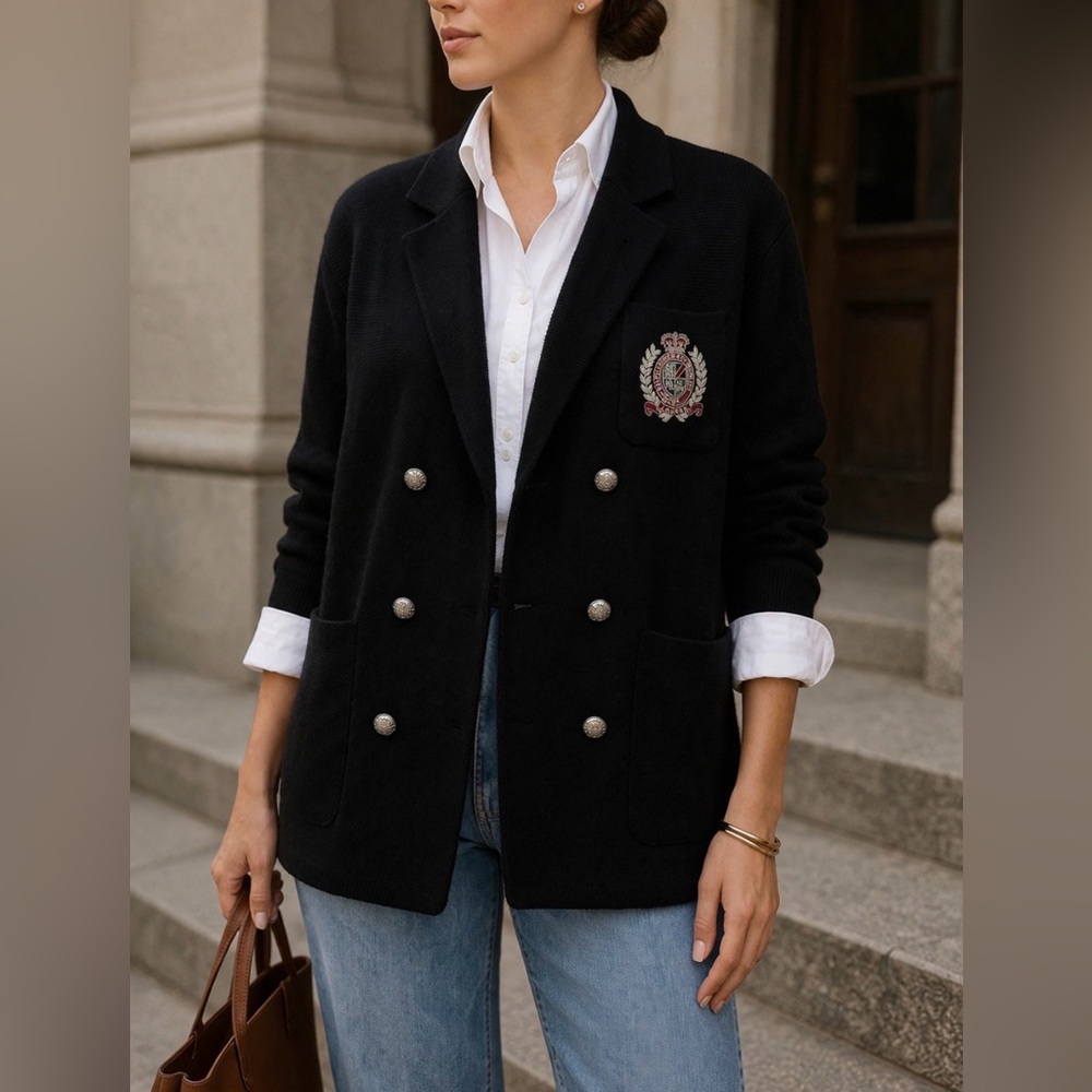 Lauren Ralph Lauren Crest Sweater Blazer Women’s Medium Academia Merino Wool - Picture 1 of 8
